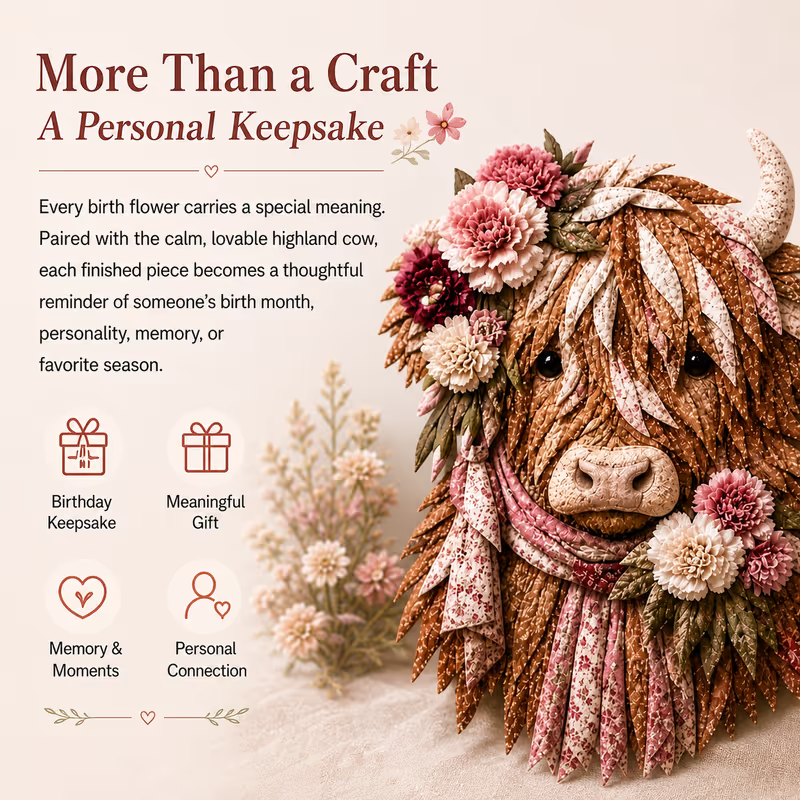 🔥LAST DAY 50% OFF - 🐮💐🌸 Birth Flower Highland Cow 3D Layered Fabric Art DIY Kit (Beginner-friendly) 🔥 Buy 2 Free Shipping