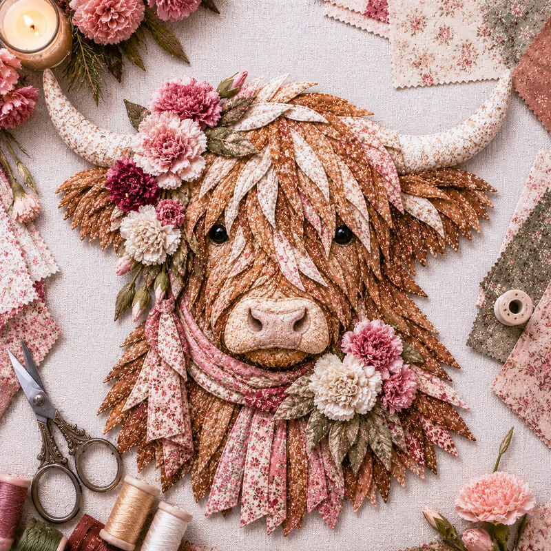 🔥LAST DAY 50% OFF - 🐮💐🌸 Birth Flower Highland Cow 3D Layered Fabric Art DIY Kit (Beginner-friendly) 🔥 Buy 2 Free Shipping